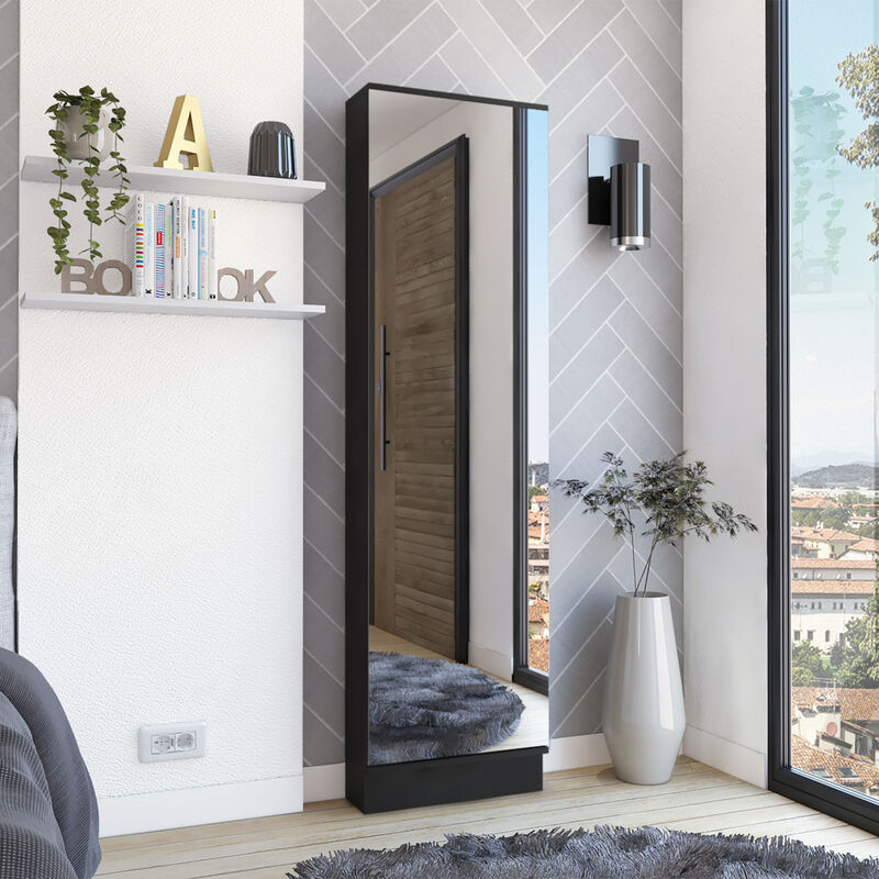Leto XL Shoe Rack, Mirror, Five Interior Shelves, Single Door Cabinet - Black