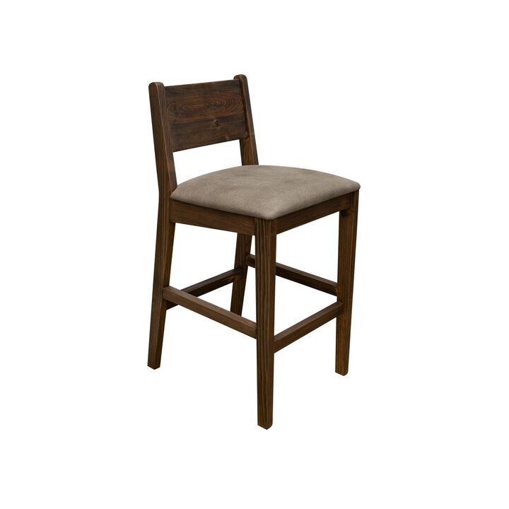 Loe 30 Inch Barstool Set of 2, Panel Back, Gray, Brown Solid Pine Wood
