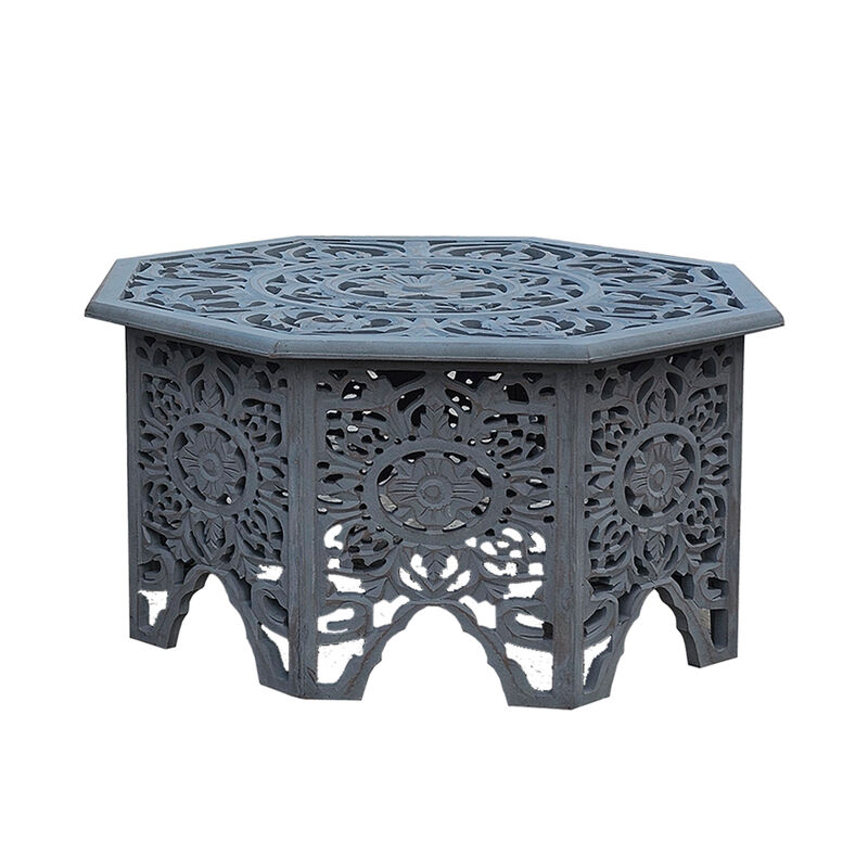 Nesting Coffee Tables, Set of 2, Handcrafted Carved Cut Out Floral Motifs, Antique White and Gray - Benzara