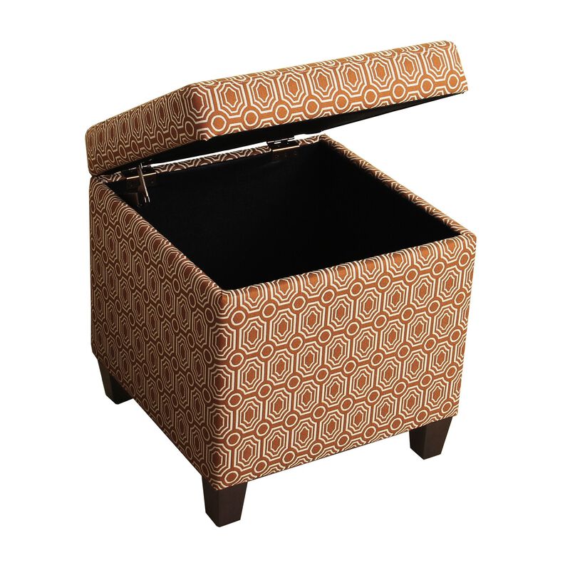 Geometric Patterned Square Wooden Ottoman with Lift Off Lid Storage, Orange and Cream - Benzara
