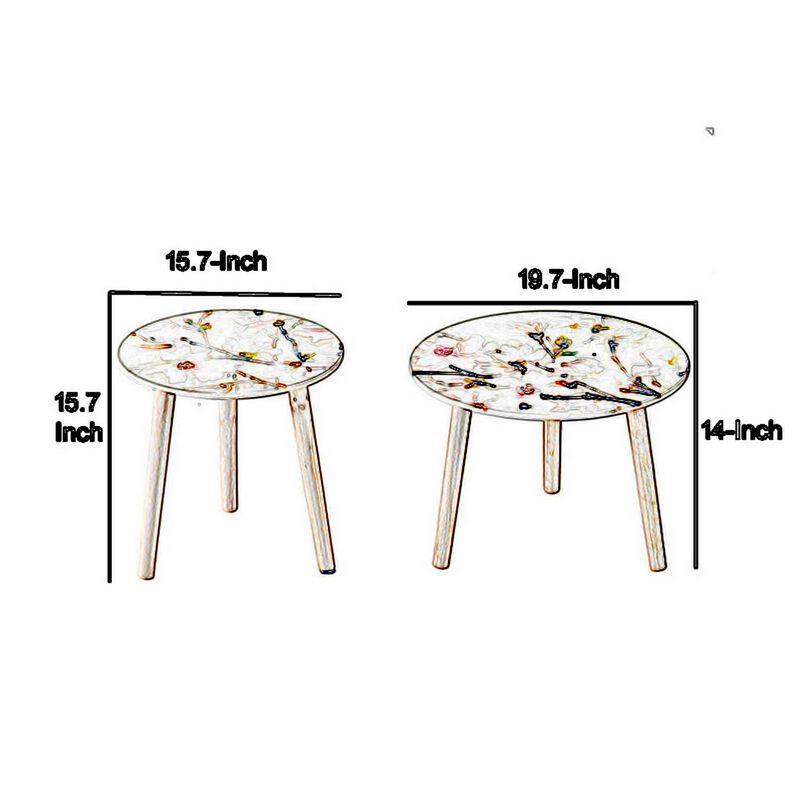 Byle 16, 20 Inch Side Table Set of 2, Floral Design, Cherry Blossom, White - Benzara
