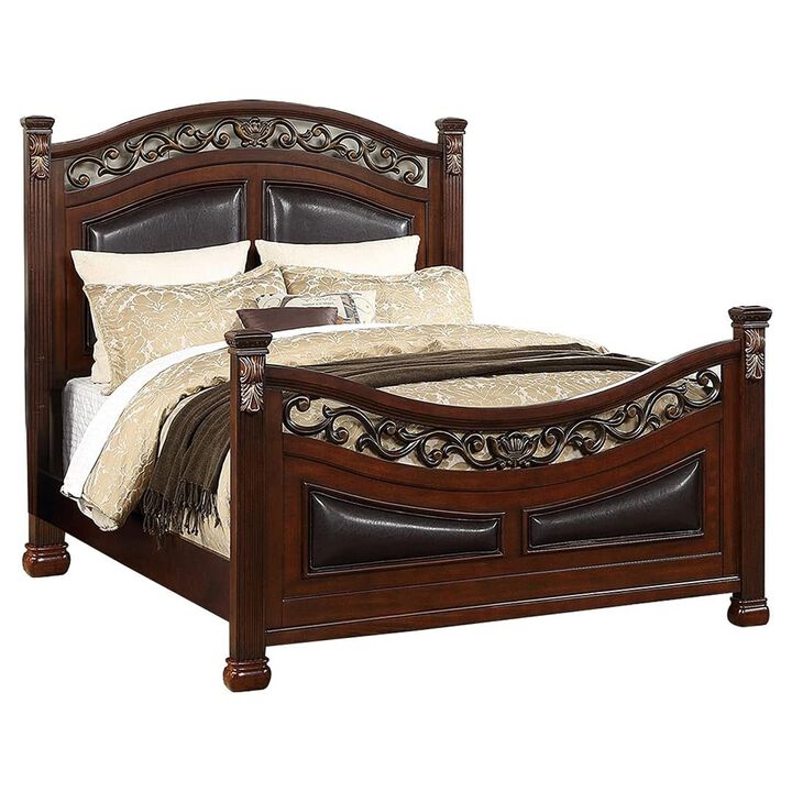 Meo King Size Bed, Padded Carved Dark Brown Faux Leather Upholstered - Benzara