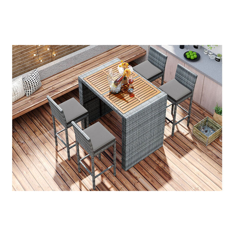 5-Pieces Outdoor Patio Wicker Bar Set, Bar Height Chairs With Non-Slip Feet And Fixed Rope