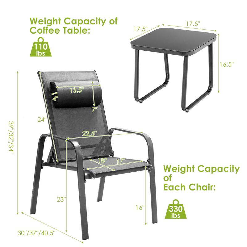 3 Pieces Patio Bistro Furniture Set with Adjustable Backrest