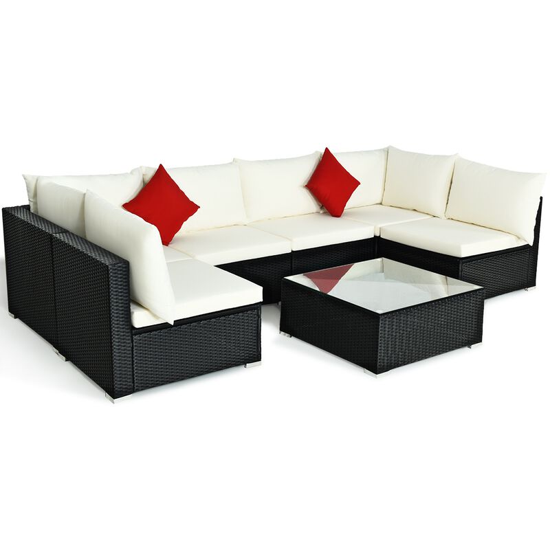 7 Pieces Sectional Wicker Furniture Sofa Set with Tempered Glass Top-Beige