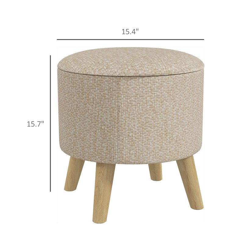 Linen Round Storage Ottoman: Wood Legs, Hidden Space