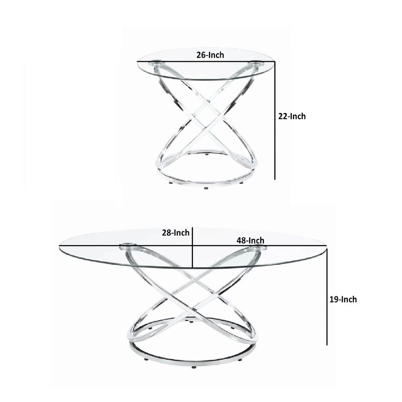Modern 3 Piece Coffee Table Set with 2 End Tables, Glass Tabletop, Chrome-Benzara