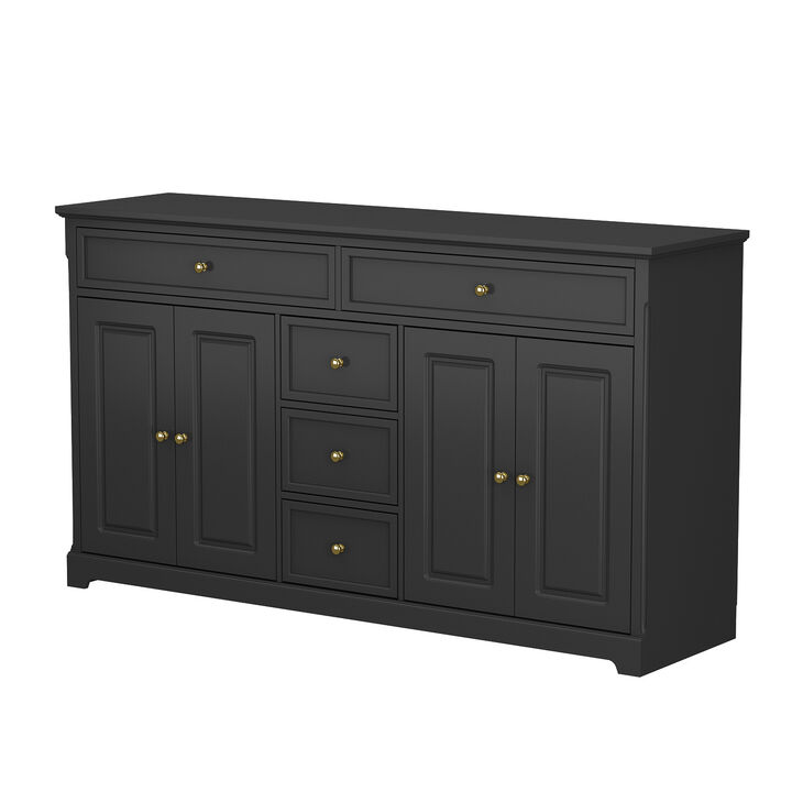 Black Wood 59.1 in. W Sideboard with 2-Large Drawers, 3-Small Drawers and 2-Cabinets 33.5 in. H x 15.7 in. D