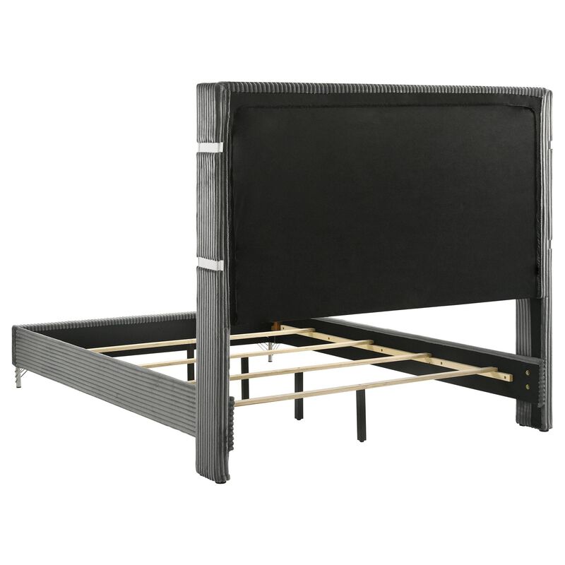 Jenny Queen Size Bed, Wingback Fluted Upholstered Headboard, Gray - Benzara