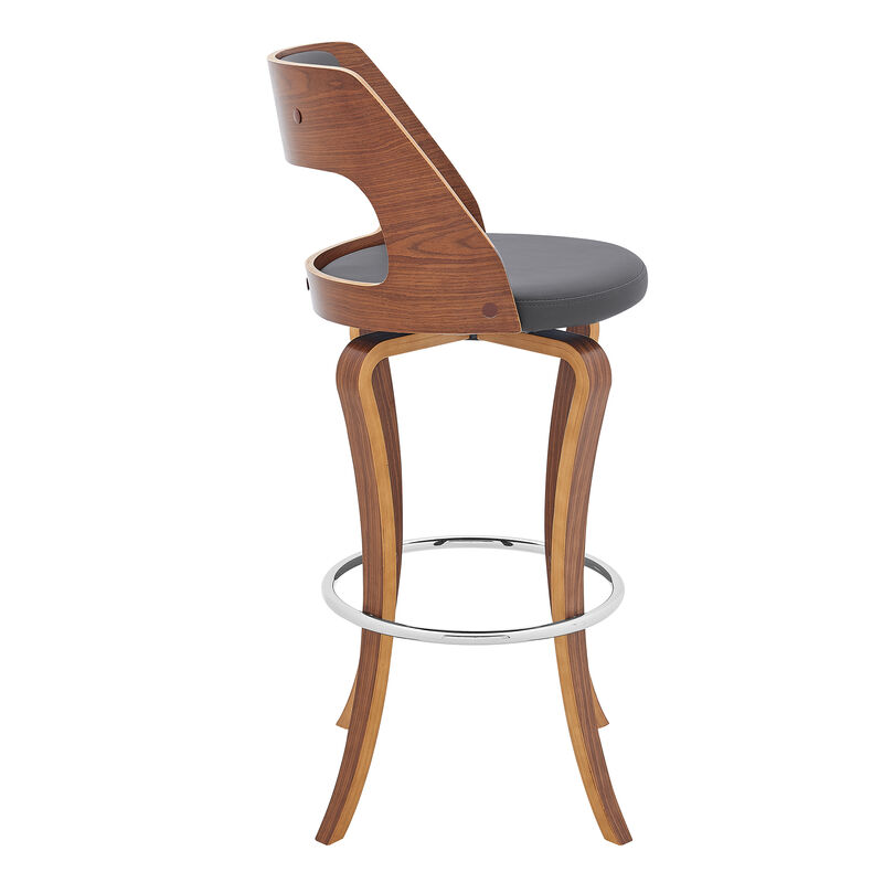 Grady Swivel Gray Faux Leather and Walnut Wood Bar Stool