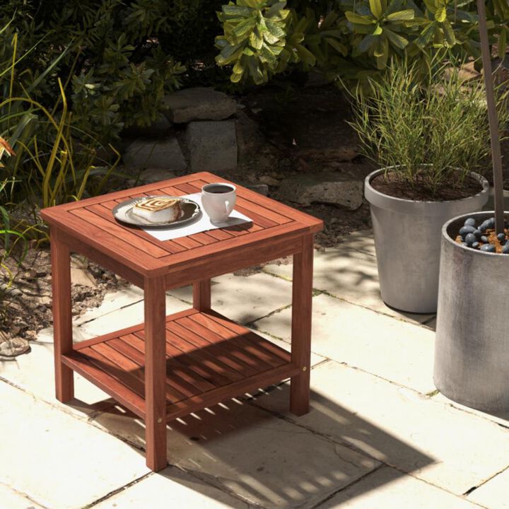 Set of 2 Double-Tier Patio Side Tables with Slatted Top and Lower Shelf for Outdoor Use
