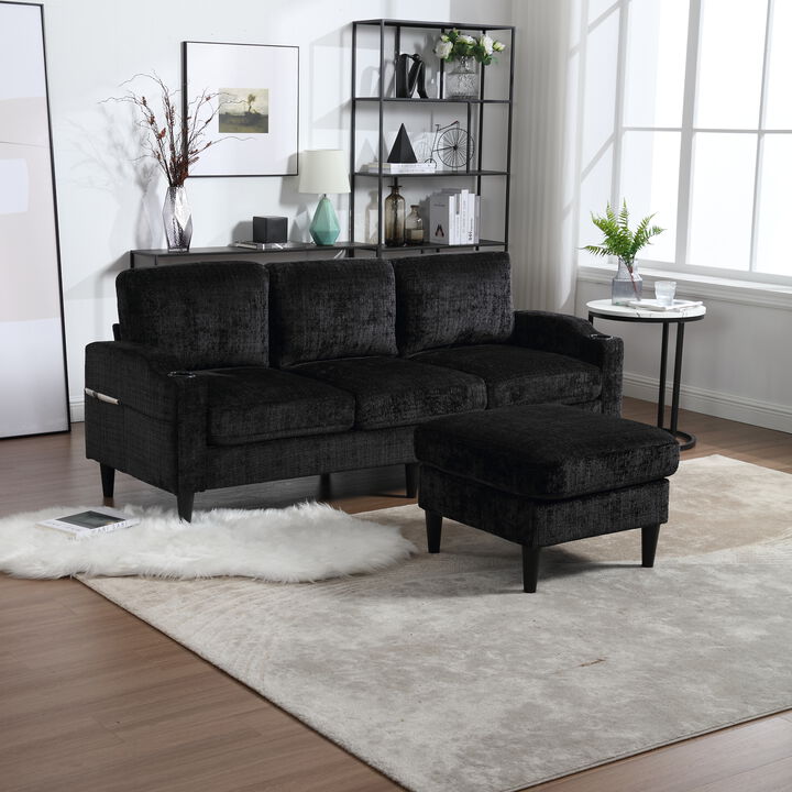 2025 New! Sofa for three, solid wood frame, Chenille fabric, side pocket, with two cup holders, footstool with storagestorage sofa /Living room sofa cozy sectional sofa
