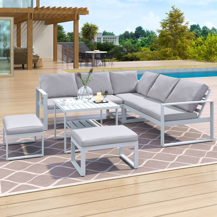 Industrial Style Outdoor Sofa Combination Set With 2 Love Sofa, 1 Single Sofa, 1 Table, 2 Bench