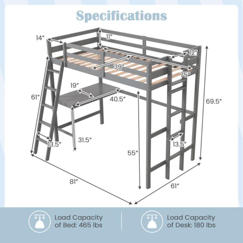 Hivvago Twin Size Loft Bed Frame with Desk Angled and Built-in Ladder
