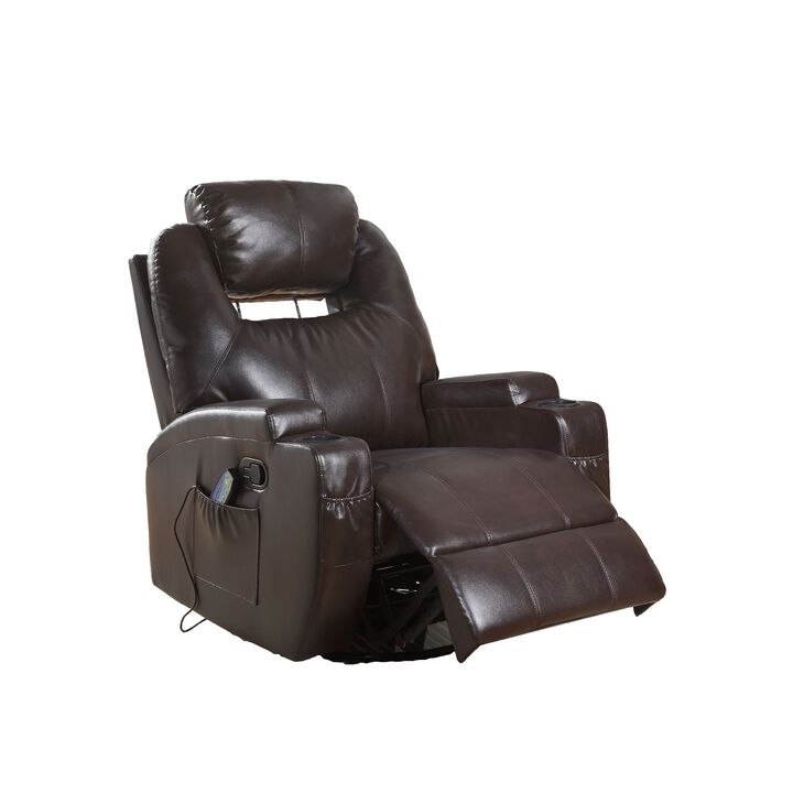 Contemporary Polyurethane Upholstered Metal Rocker Recliner with Swivel, Brown-Benzara