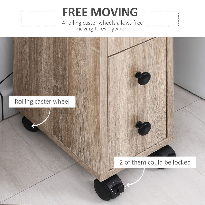 Oak Bathroom Storage: Compact Cabinet with Wheels and Multiple Compartments