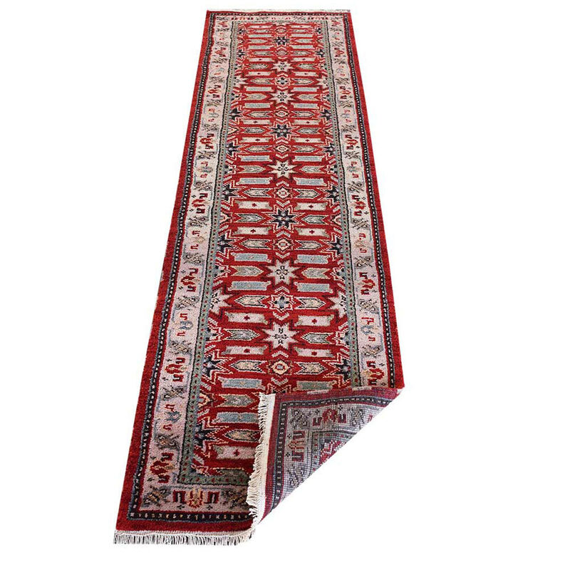 Rugsotic Carpets Hand Knotted Afghan Wool And Silk 2'6''x10' Runner Area Rug Oriental Kazak Red Cream AF0107