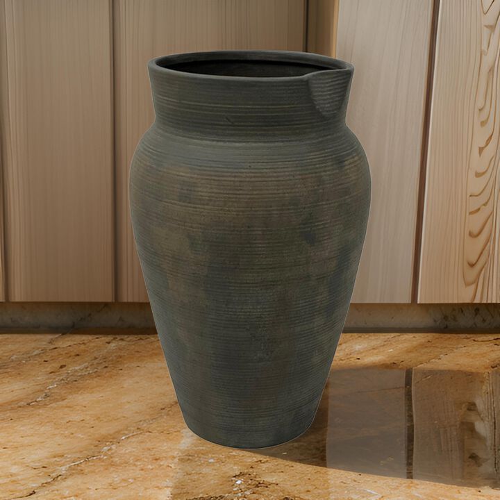 Leyn 15 Inch Antique Flower Vase, Urn Shaped Home Decor Piece, Gray Ceramic - Benzara