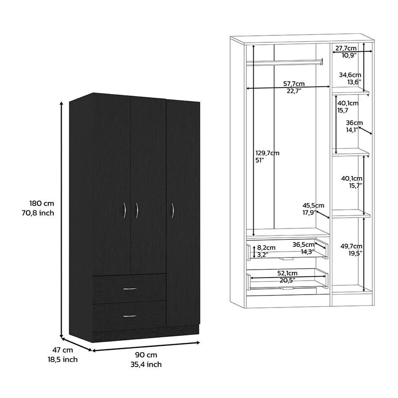DEPOT E-SHOP Bosko 3 Doors Armoire, Two Drawers, Metal Rod