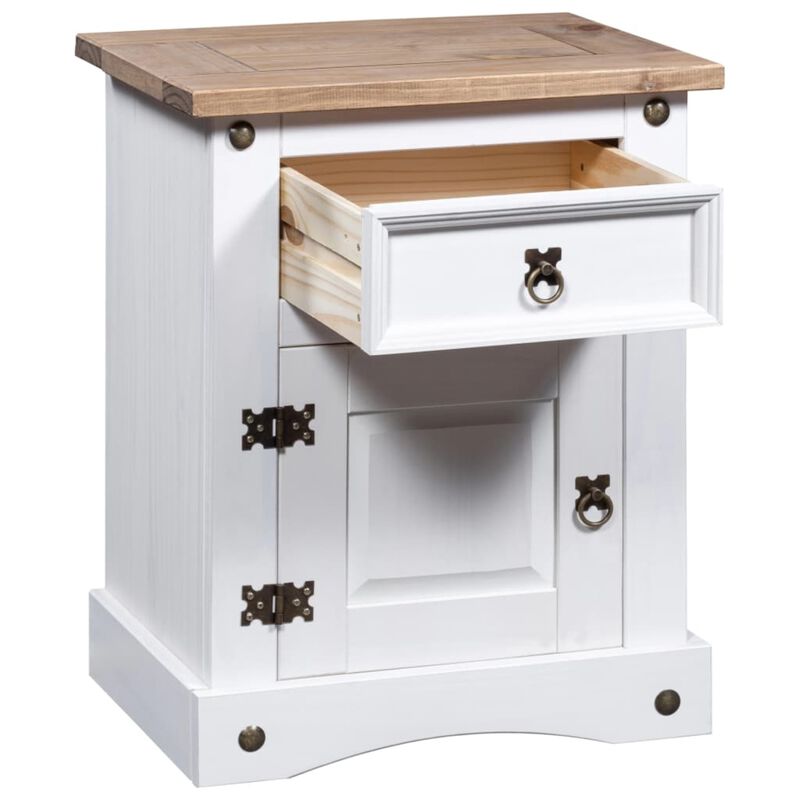 vidaXL Bedside Cabinet in Rustic Mexican 'Corona' Style, Solid Pinewood, White Body with Brown Top, Includes Drawer and Cupboard