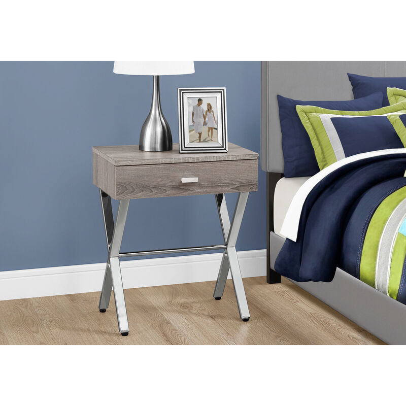 Monarch Specialties I 3263 Accent Table, Side, End, Nightstand, Lamp, Storage Drawer, Living Room, Bedroom, Metal, Laminate, Brown, Chrome, Contemporary, Modern