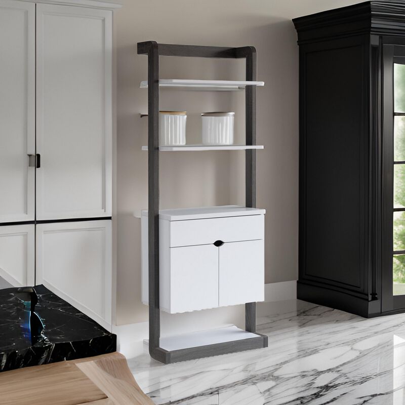 65 Inch Modern Display Cabinet, 4 Shelves, Drawer, Distressed Gray, White - Benzara