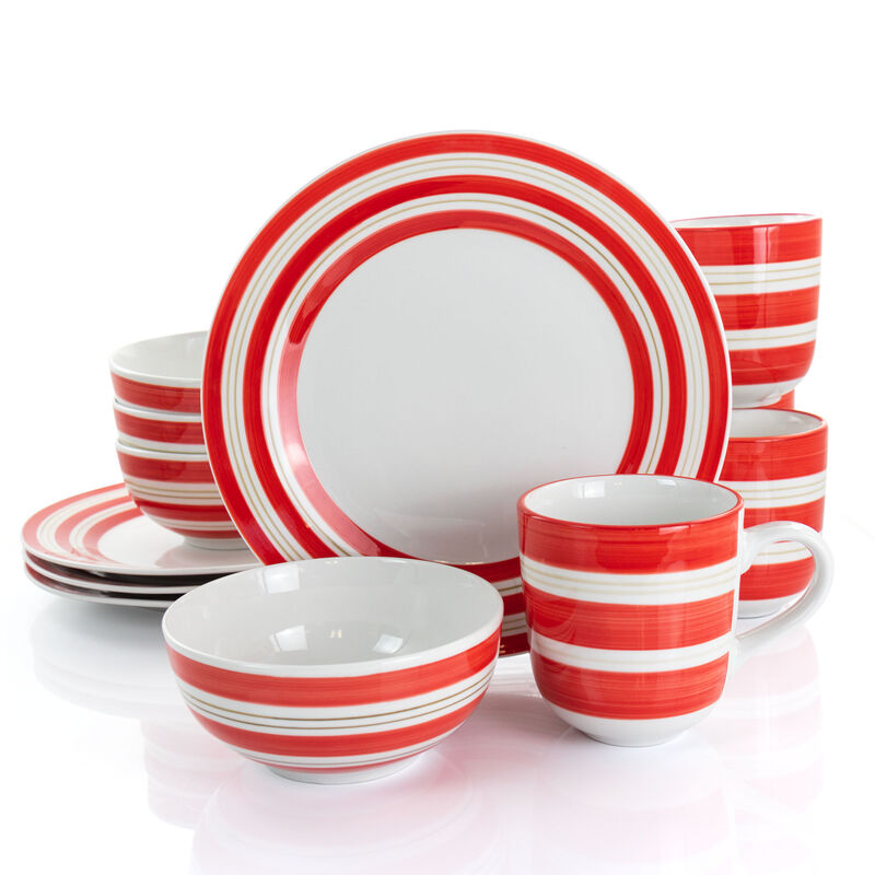 Gibson Home Sunset Stripes 12 Piece Round Fine Ceramic Dinnerware Set in Red