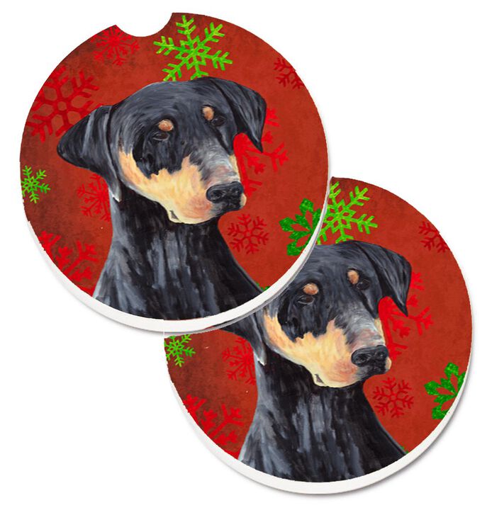 Caroline's Treasures Doberman Red & green Snowflakes Holiday Christmas Set of 2 Cup Holder Car Coasters SC9417CARC, 2.56, Multicolor