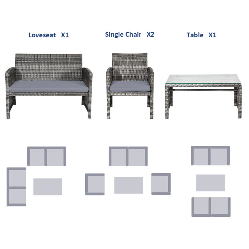 4 Pcs Patio Rattan Furniture Set Top Sofa With Glass Table