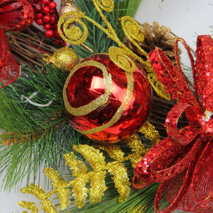 26" Long Needle Pine and Berry Artificial Christmas Teardrop Swag  Unlit
