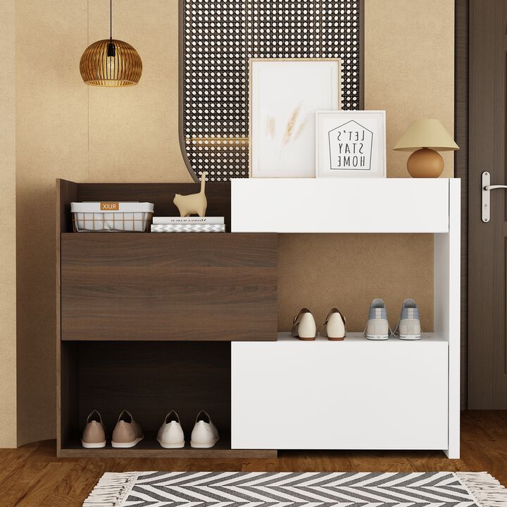 FUFU&GAGA 40.5-in H 3 Tier 10 Pair White+Brown Engineered Wood Shoe Cabinet