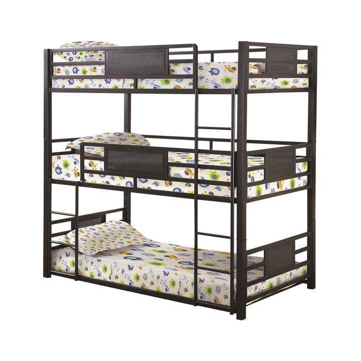 Metal Triple Bunk Bed with Built in Ladder, Bronze-Benzara