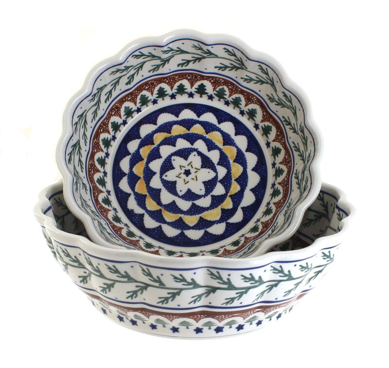 Blue Rose Polish Pottery Grapes Scallop Serving Bowl Set