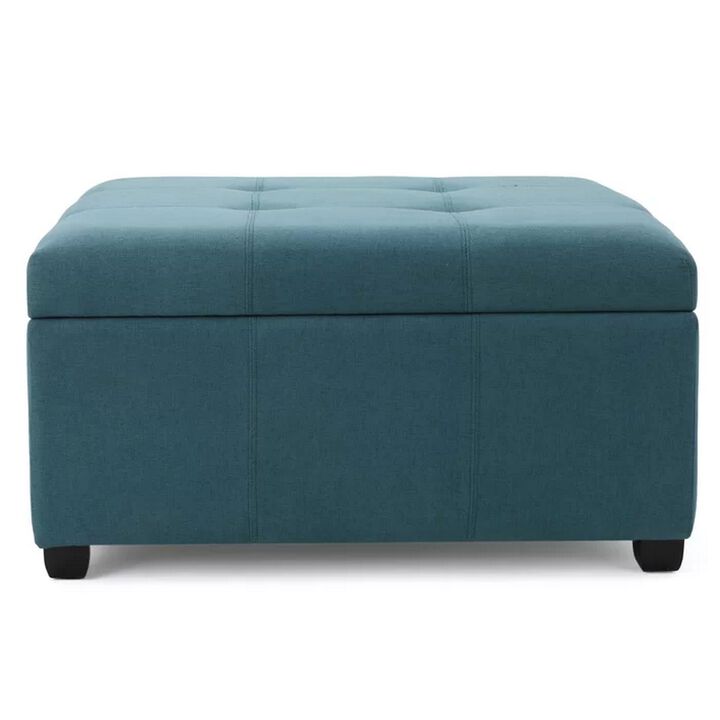 Carl Storage Ottoman, Teal Tufted Fabric, Soft Cushion, Black, 35 Inch - Benzara