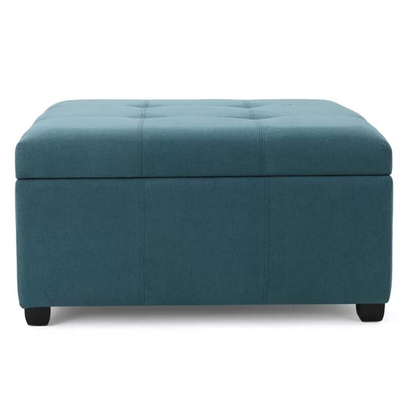 Carl Storage Ottoman, Teal Tufted Fabric, Soft Cushion, Black, 35 Inch - Benzara
