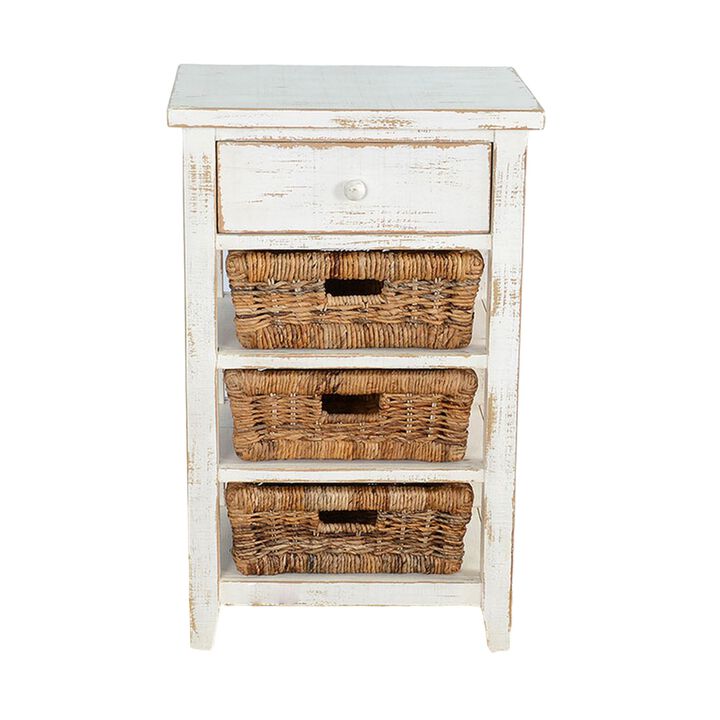 Rena End Table, 3 Natural Rattan Storage Baskets, 20 Inch White Wood - Benzara