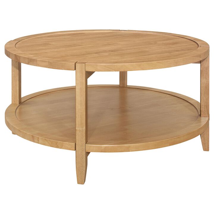 Camilia Coffee Table, 1 Shelf, Round Maple Brown Solid Wood, 36 Inch  - Benzara