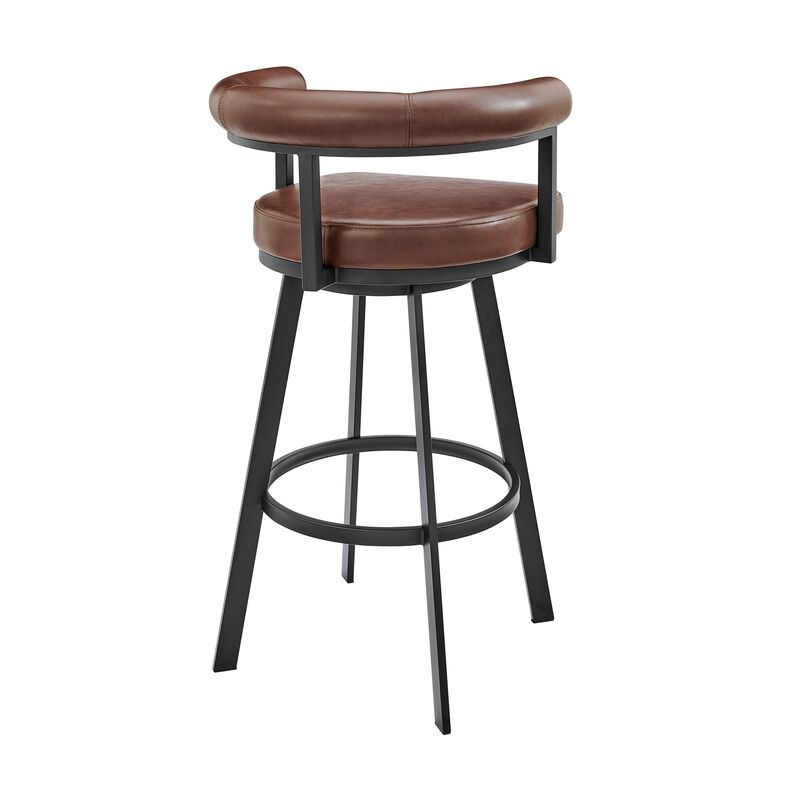 Weni 26 Inch Swivel Counter Stool Chair, Barrel Open Back, Black, Brown - Benzara