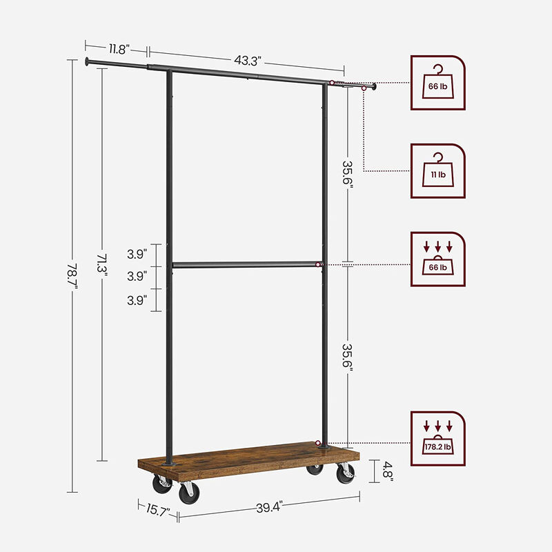Heavy-Duty Double Rod Industrial Rolling Garment Rack with Wheels & Shelf