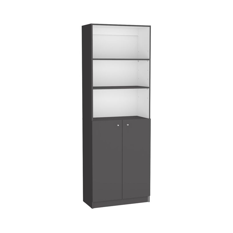 Home 2-Door Bookcase, Modern Storage Unit with Dual Doors and Multi-Tier Shelves -Matt Gray / White