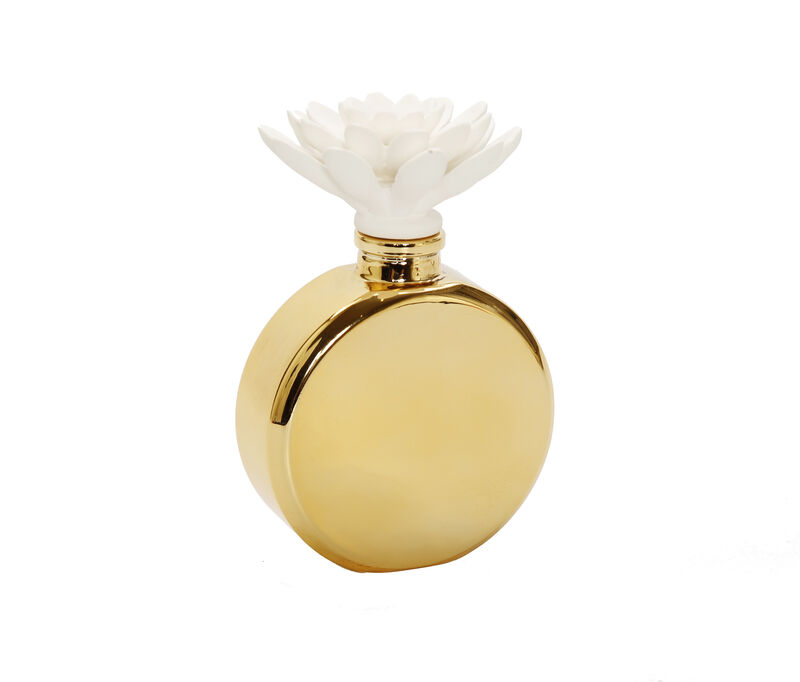 Gold Bottle Diffuser With White Flower, "Iris & Rose" Scent