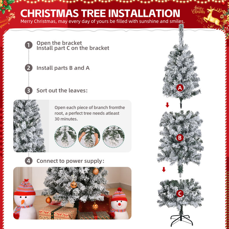 Snowy Flocked Pencil Christmas Tree with 320 Branch Tips and Metal Stand