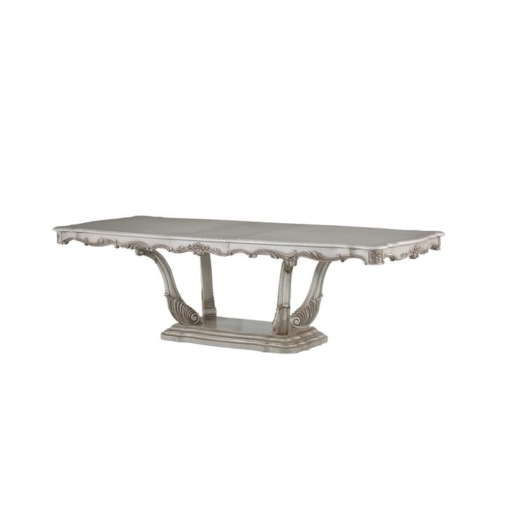 Traditional Style Dining Table with Scrolled Floral Motifs, Cream - Benzara