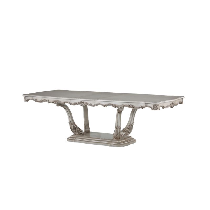 Traditional Style Dining Table with Scrolled Floral Motifs, Cream - Benzara