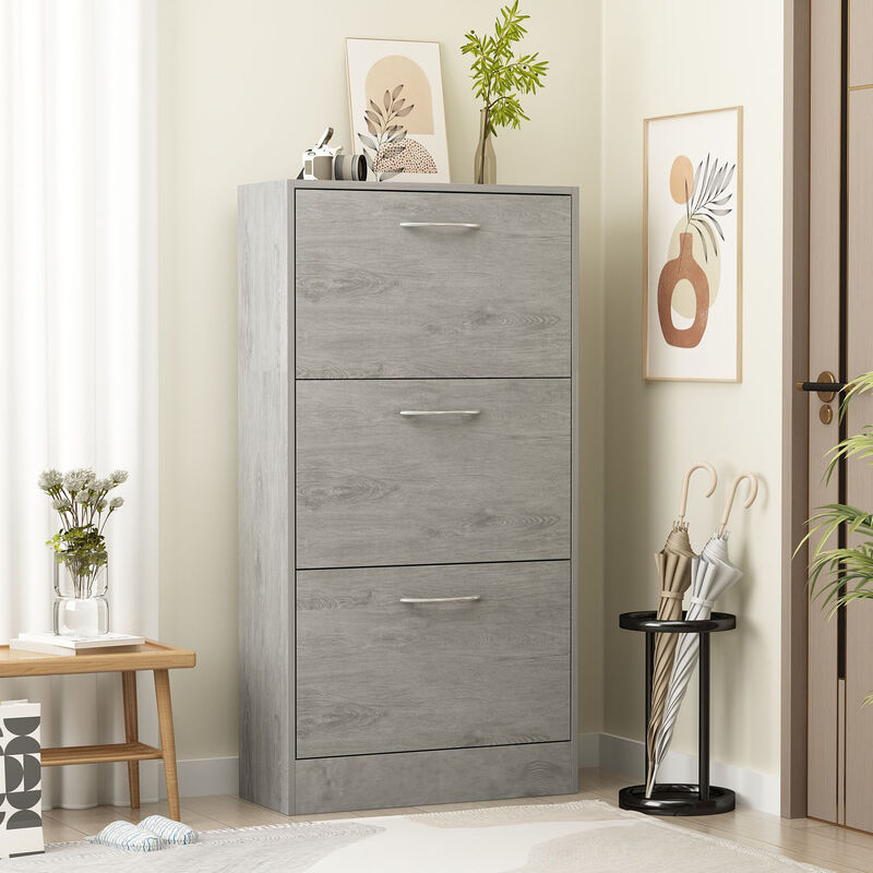 22.4 in. W x 42.1 in. H 24-Pair Gray Wood 3-Drawer Shoe Storage Cabinet with Foldable Compartments