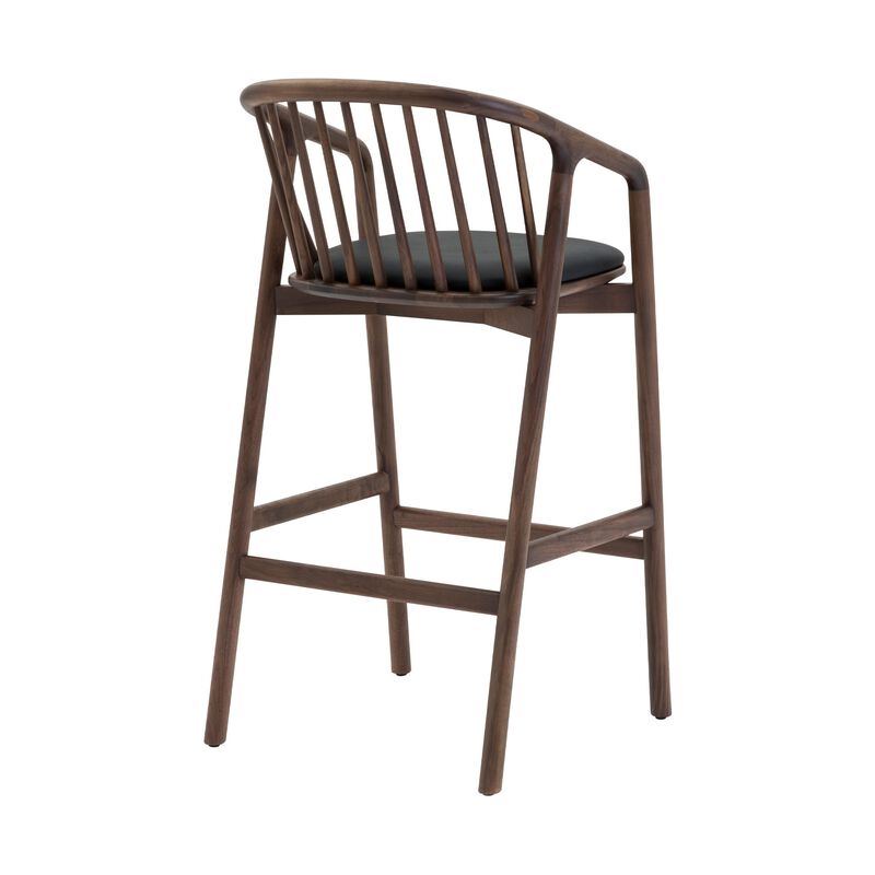 Rchy Barstool Chair, Curved Spindle Back, Black Faux Leather, Brown Wood - Benzara