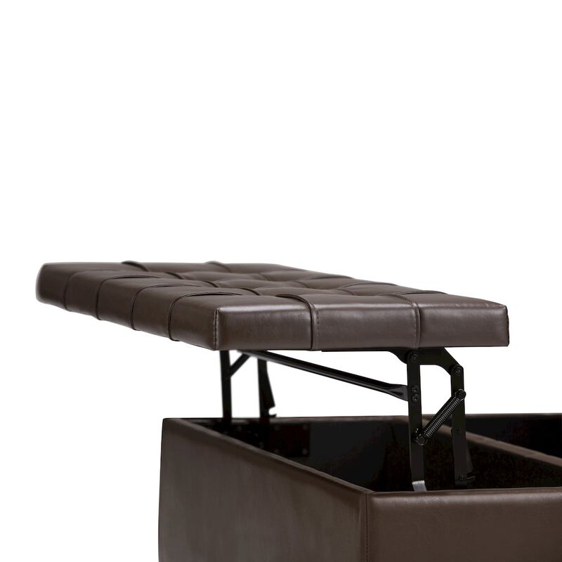 Simpli Home Harrison Coffee Table Storage Ottoman In Chocolate Brown Vegan Faux Leather