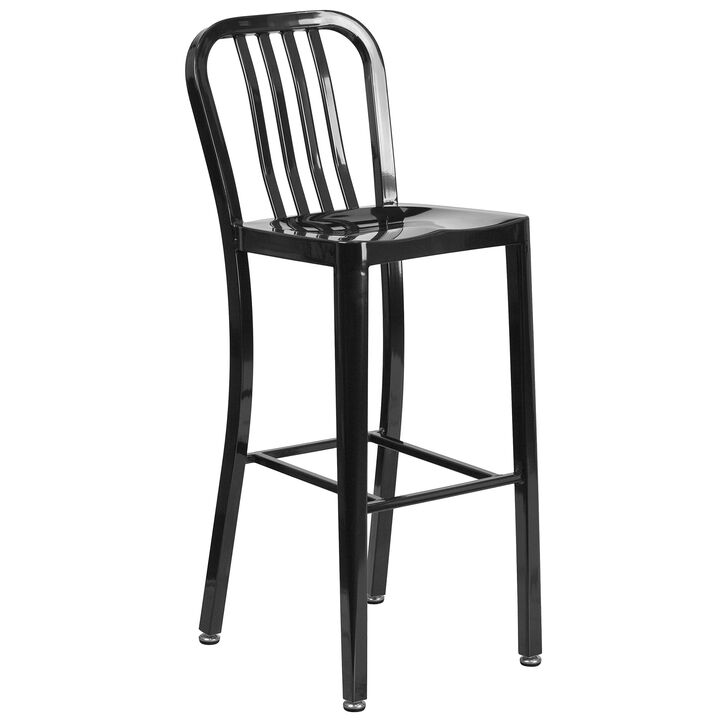 Flash Furniture Commercial Grade 30" High Black Metal Indoor-Outdoor Barstool with Vertical Slat Back