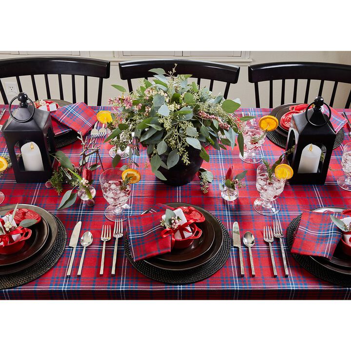 Solino Home 100% Pure Linen Red and Navy Tartan Plaid Tablecloth