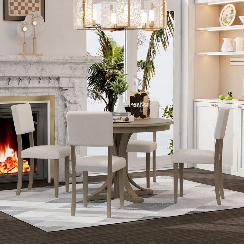 5-Piece Retro Round Dining Table Set With Curved Trestle Style Table Legs And 4